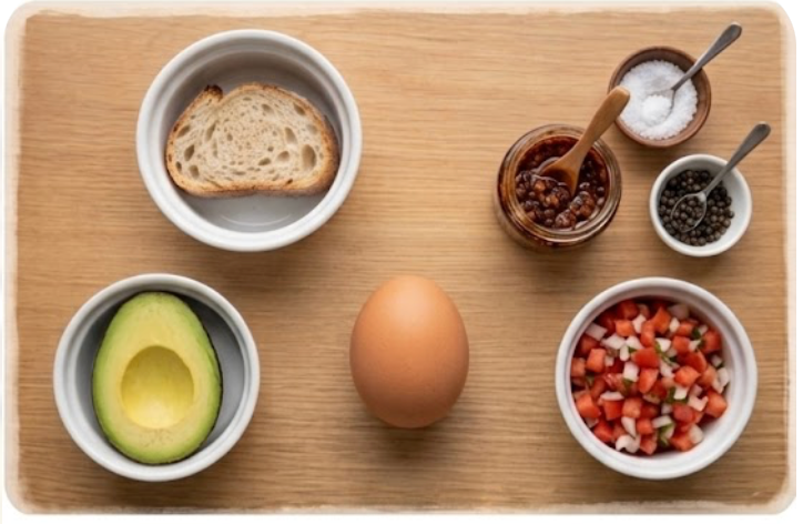 Disposición de ingredientes sobre la zona de preparación los cuales son: huevo, aguacate , pan de masa madre, pico de gallo, especias y salsa macha para un desayuno completo y balanceado.