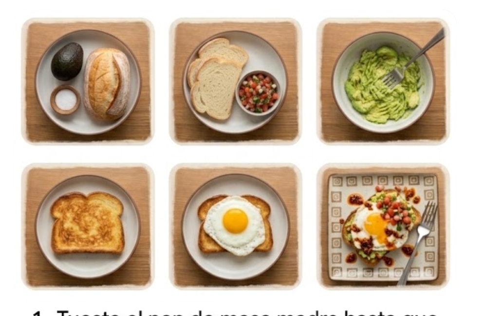 Secuencia visual para preparar un avocado toast. Muestra los ingredientes iniciales como pan de masa madre , aguacate y sal. Continúa con las rebanadas preparadas con pico de gallo y finaliza con el pan tostado coronado con huevos y guacamole.